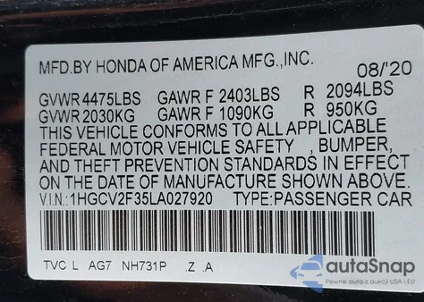 2020 Honda Accord Sport 2.0T from USA, damaged, VIN 1HGCV2F35LA027920